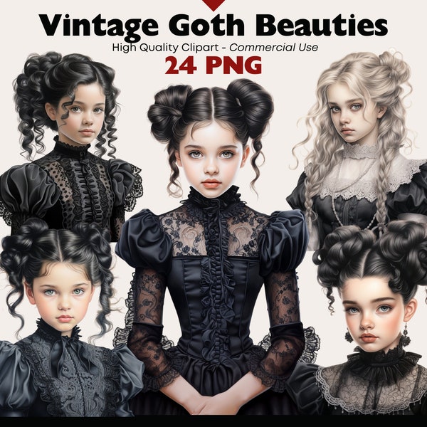 Gothic Girls Clipart Bundle, Dark Victorian PNG, Black Dress Graphics, Vintage Girls Digital Stickers, Goth Scrapbooking, Digital Clipart