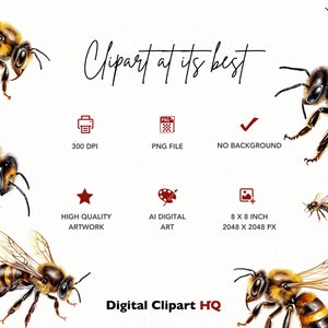 May include: Digital clipart of five honey bees with brown and yellow stripes, wings, and legs. The bees are isolated on a white background. The image is 8 inches by 8 inches and 2048 pixels by 2048 pixels. The clipart is 300 DPI and high quality.