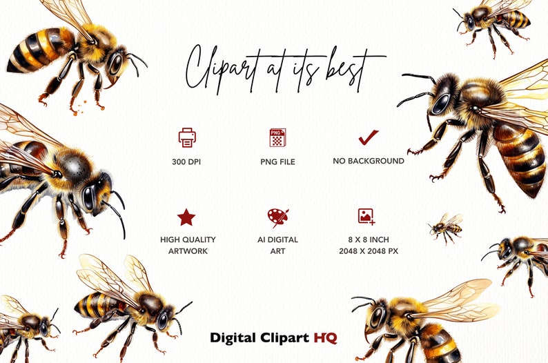 May include: Digital clipart of five honey bees with brown and yellow stripes, wings, and legs. The bees are isolated on a white background. The image is 8 inches by 8 inches and 2048 pixels by 2048 pixels. The clipart is 300 DPI and high quality.