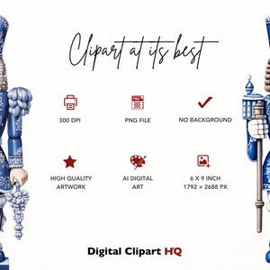 May include: Two blue and white nutcracker figurines with intricate details. The nutcrackers are holding a staff and a bunch of grapes. The image includes the text "Clipart at its best" and "Digital Clipart HQ".