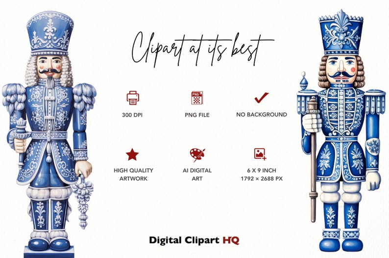 May include: Two blue and white nutcracker figurines with intricate details. The nutcrackers are holding a staff and a bunch of grapes. The image includes the text "Clipart at its best" and "Digital Clipart HQ".