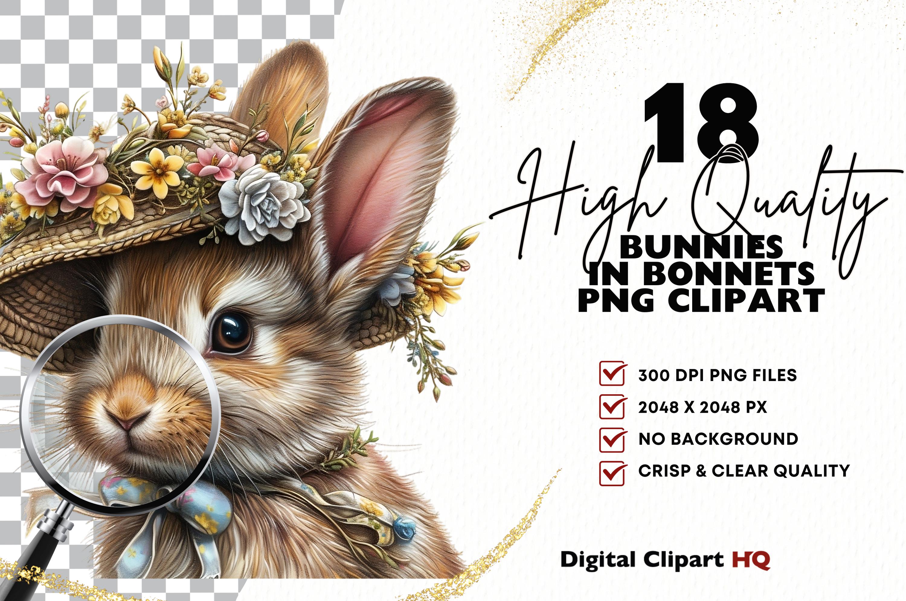Floral Easter Bunny Clipart Set, 18 PNG Spring Rabbit in Bonnet ...