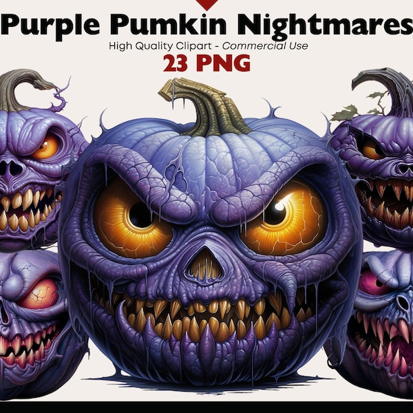 Halloween Pumpkin Clipart, Jack o Lantern Digital Download, Purple Pumpkin PNG, Scary Pumpkin Faces Graphics, Sinister Pumpkins Printable