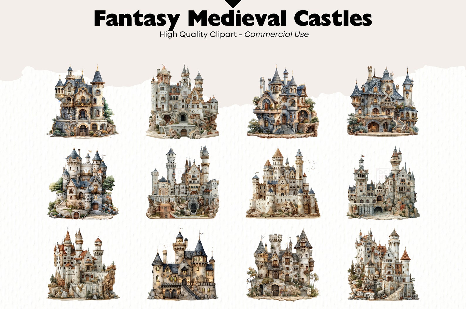Fantasy Medieval Castles Clipart Bundle, Ancient Fortresses Graphics ...