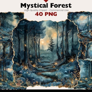神秘的な森のクリップアート バンドル、魅惑的な霧の森の水彩画、暗い森の PNG、ファンタジー風景のクリップアート デジタル ダウンロード、ペーパー クラフト