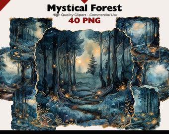 Mystical Forest Clipart Bundle, Enchanted Foggy Woods Watercolor, Dark Woods PNG, Fantasy Landscape Clipart Digital Download, Paper Crafts