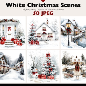 Pacchetto di Clipart di scene invernali, grafica di paesaggi innevati, download digitale JPEG, arte natalizia, acquerello, villaggio di Natale, clipart, uso commerciale