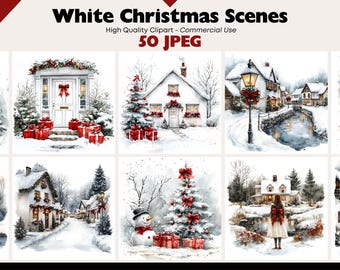 Winter Scenes Clipart Bundle Snowy Landscapes Graphics Digital Download JPEG Holiday Art Watercolor Christmas Village Clipart Commercial Use