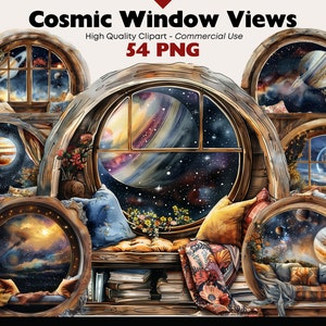 May include: A digital illustration of a set of 54 cosmic window views. Each window is framed in wood and features a different view of space, including planets, stars, and galaxies. The windows are arranged in a circular pattern, creating a sense of wonder and awe.