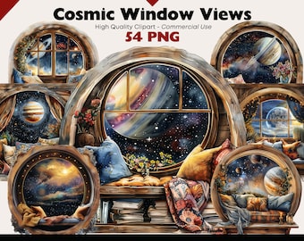 Cosmic Window View Clipart Bundle Watercolor Cozy Corner Graphics Digital Download Celestial Window Png Clipart Paper Crafts Scrapbooking