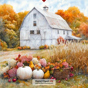 Watercolor farmhouse harvest illustrations featuring white barns, heirloom pumpkins, autumn hydrangeas, pears, apples, woven baskets and rustic countryside landscapes for fall farmhouse décor.
