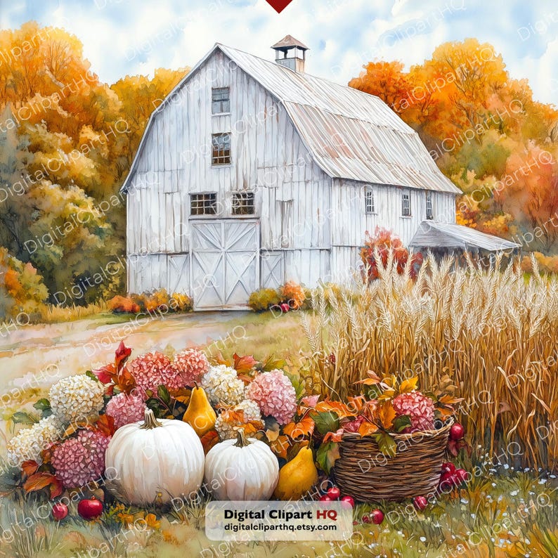 Watercolor farmhouse harvest illustrations featuring white barns, heirloom pumpkins, autumn hydrangeas, pears, apples, woven baskets and rustic countryside landscapes for fall farmhouse décor.