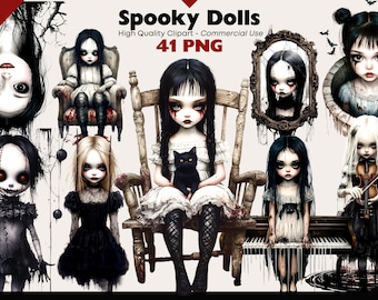 May include: A collection of spooky doll illustrations with pale skin, dark eye makeup, and various gothic outfits. Some dolls are seated, holding a black cat, or playing instruments. The image includes the text "Spooky Dolls" and "41 PNG".