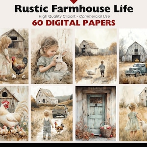 Rustic Farm Clipart Bundle Countryside Landscape Graphics Printable Junk Journal Digital Download Pastoral JPEG Digital Paper Commercial Use