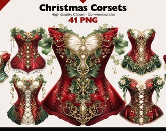 Vintage Christmas Corset Clipart, Victorian Couture Bundle, Christmas Vintage Stay-laces PNG, Watercolor Bodices, Winter Digital Stickers