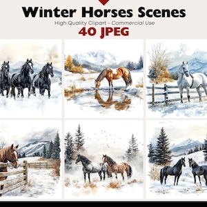 Winter Pferde Szene Aquarell JPEG Grafiken Kommerzielle Nutzung Verschneite Landschaft Digitaler Download Rustikale Bauernhof Tiere Clipart Papiermodelle