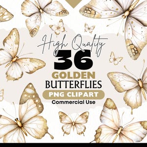 Magische goldene Schmetterlinge Clipart Bundle, Fantasy Schmetterling PNG Printable für Hochzeitseinladungen Papier Handwerk Junk Journals & Scrapbooking