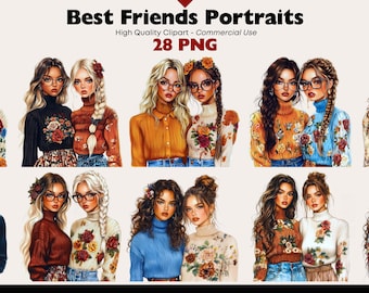 Beste Freunde Porträts Clipart, Mädchen Freundschaft Kunst, Blumen Besties PNG, gemütliche Mode-Illustration, kommerzielle Nutzung Sofort-Download