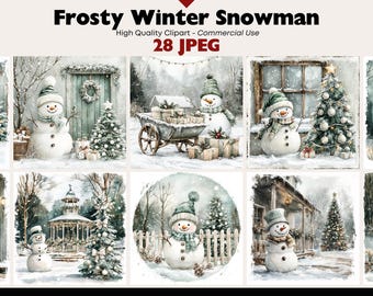 Snowman Winter Scenes JPEG Clipart Snowy Landscapes Digital Download Holiday Art Watercolor Christmas Village Commercial Use Paper Crafts
