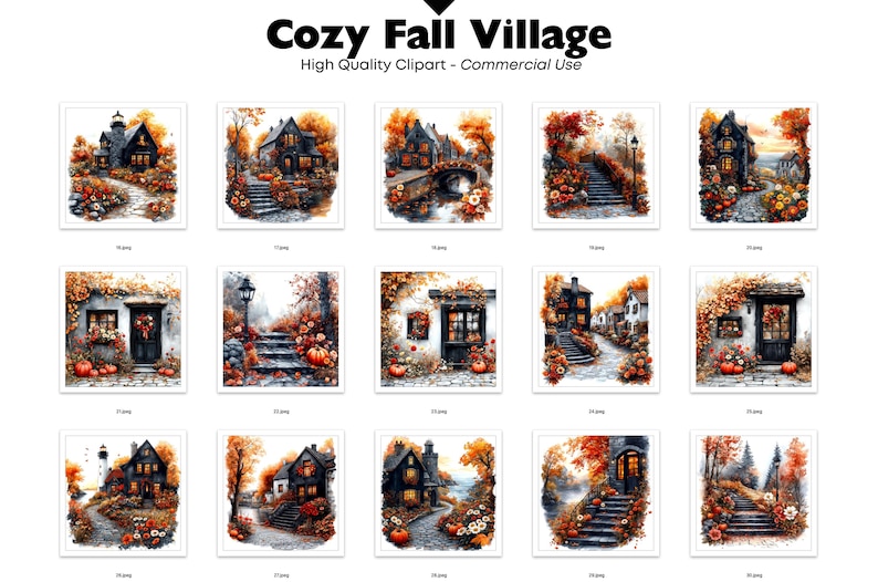 Cozy Fall Village JPEG Clipart Bundle Watercolor Autumn House Graphics ...