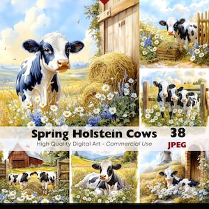 JPEG akvarell Holstein ko äng Clipart set, utskrivbar JPG vår mjölkko gård digital nedladdning papper pyssel skräpjournal klippbok