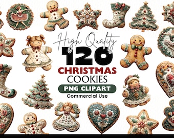 Clipart de biscuits de Noël, 120 PNG Illustrations de biscuits de pain d'épice, Bundle de clipart cookie de vacances, cuisson de Noël PNG, téléchargement immédiat