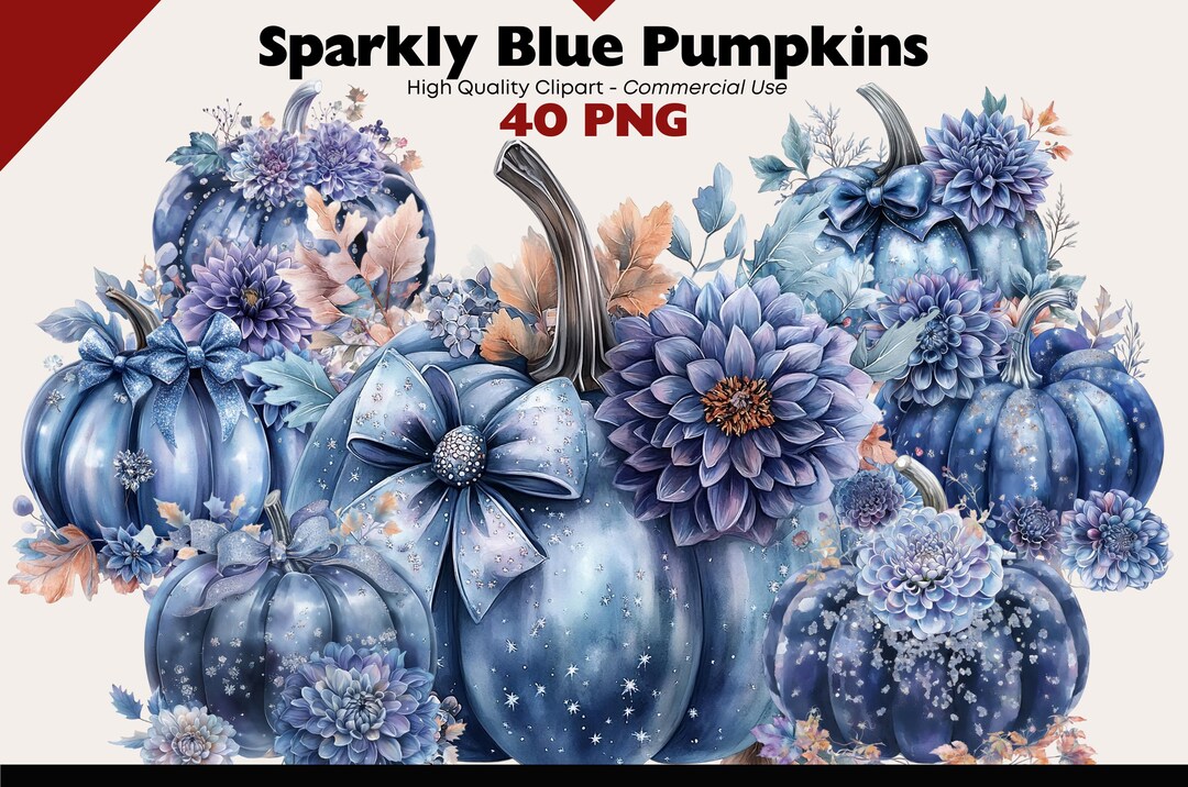 Sparkly Blue Pumpkins Clipart Bundle Autumn Watercolor Png Pumpkin and ...