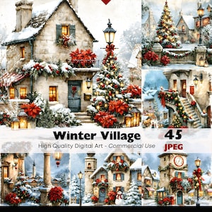 Puede incluir: Una colección de imágenes de arte digital que representan una escena de pueblo invernal con casas de piedra cubiertas de nieve, árboles de Navidad decorados, farolas brillantes y flores de pascua rojas. Se muestra el texto Winter Village 45 High Quality Digital Art - Commercial Use JPEG.