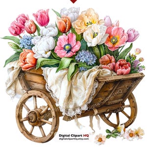 May include: A wooden cart filled with a vibrant assortment of tulips in shades of pink, orange, white, and yellow. A cream-colored cloth with lace trim drapes over the cart. The cart has wooden wheels and is decorated with flowers. Digital Clipart HQ.