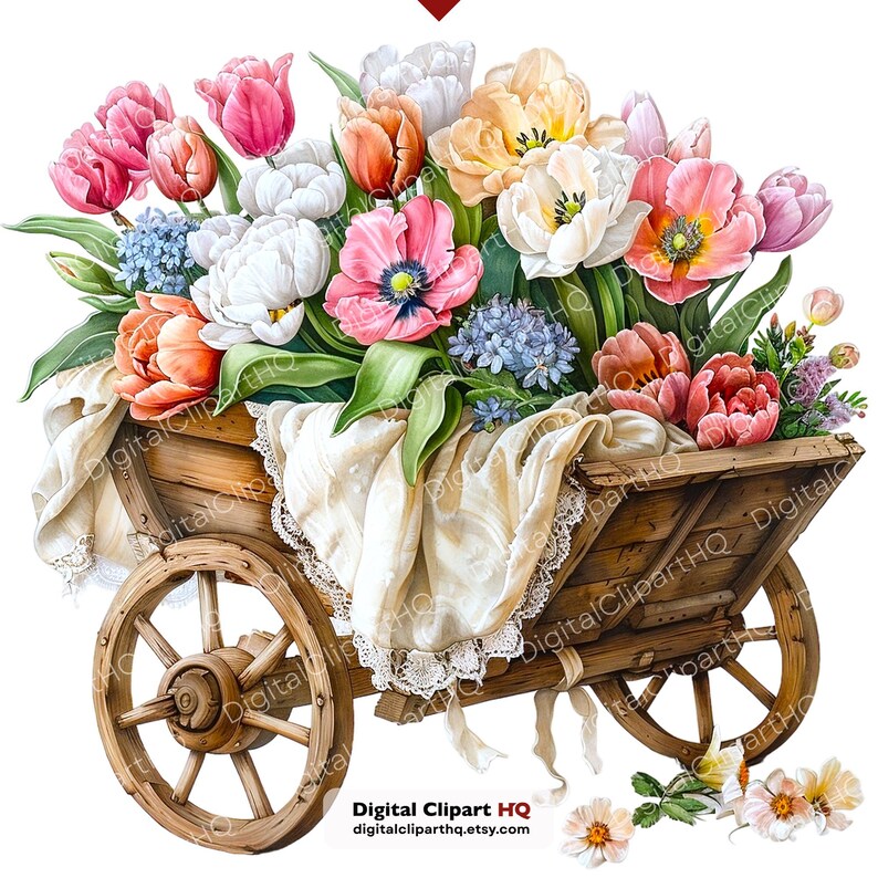 May include: A wooden cart filled with a vibrant assortment of tulips in shades of pink, orange, white, and yellow. A cream-colored cloth with lace trim drapes over the cart. The cart has wooden wheels and is decorated with flowers. Digital Clipart HQ.