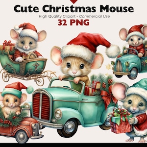 Lindo ratón de Navidad Clipart, ratones en acuarela de coche, ratón de regalo de Navidad PNG, ratón de Santa en gráficos de paseo en trineo, imágenes de conducción de ratón