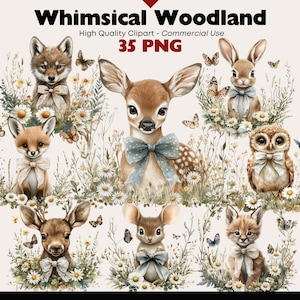 Woodland Animals Clipart Bundle Whimsical Forest Creatures PNG Baby Deer Fox Bunny Owl Watercolor Graphics Digital Download Commercial Use