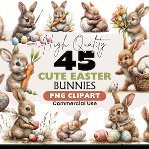 Może przedstawiać: 45 cyfrowych ilustracji uroczych królików wielkanocnych w różnych pozach, trzymających marchewki, jajka wielkanocne i koszyki z jajkami. Króliki są brązowe i białe z długimi uszami i puszystymi ogonami. Ilustracje idealnie nadają się do tworzenia wielkanocnych ozdób, kartek i dekoracji.