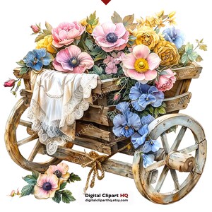 May include: A watercolor illustration of a rustic wooden cart overflowing with colorful flowers. The arrangement includes pink, yellow, and blue blooms, with a white lace cloth draped over the cart's edge. The cart has large wooden wheels.