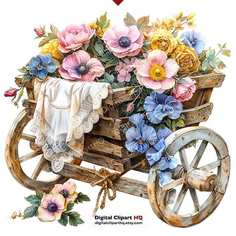 May include: A watercolor illustration of a rustic wooden cart overflowing with colorful flowers. The arrangement includes pink, yellow, and blue blooms, with a white lace cloth draped over the cart's edge. The cart has large wooden wheels.