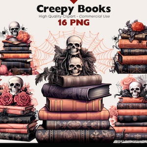 Zestaw clipartów Creepy Stack of Books, akwarela Skeleton Book, PNG Book, pobieranie cyfrowe Fantasy Halloween, obrazy Scull Scrapbooking