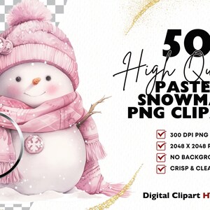 Op de afbeelding: Waterverfillustratie van een sneeuwpop met een roze hoed, sjaal en wanten. De sneeuwpop heeft een wortelneus en takarmen. Tekst: "50 High Quality Pastel Snowman PNG Clipart".