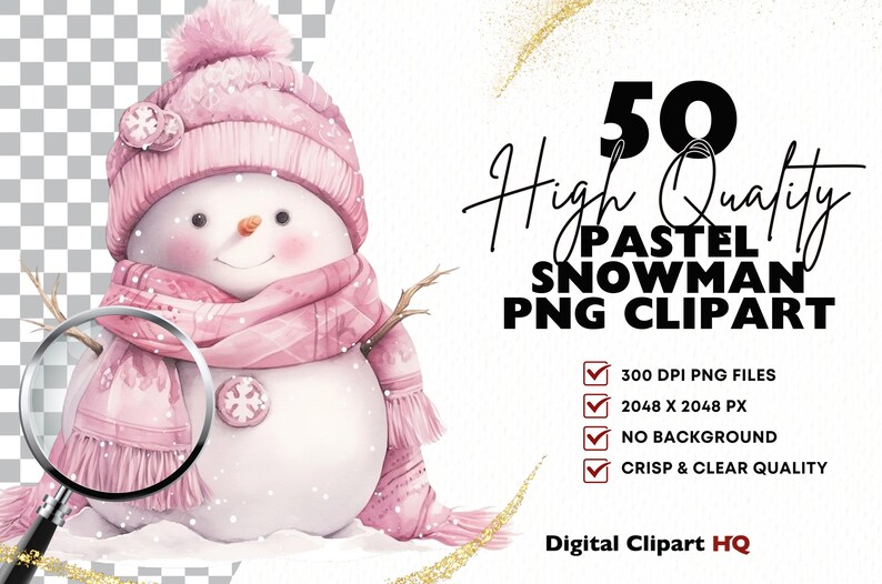 Op de afbeelding: Waterverfillustratie van een sneeuwpop met een roze hoed, sjaal en wanten. De sneeuwpop heeft een wortelneus en takarmen. Tekst: "50 High Quality Pastel Snowman PNG Clipart".