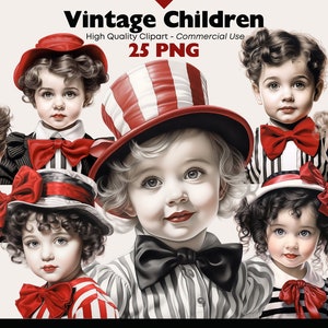 Vintage Kids Clipart, Vintage Watercolor Children PNG, Retro Kids Illustrations, Kids in red, white, and black Attire, Antique-style Clipart