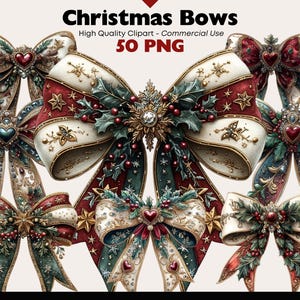 May include: A set of five Christmas bows with red, white, and gold accents. The bows are decorated with holly, berries, and stars. The text "Christmas Bows" and "50 PNG" is visible in the image.