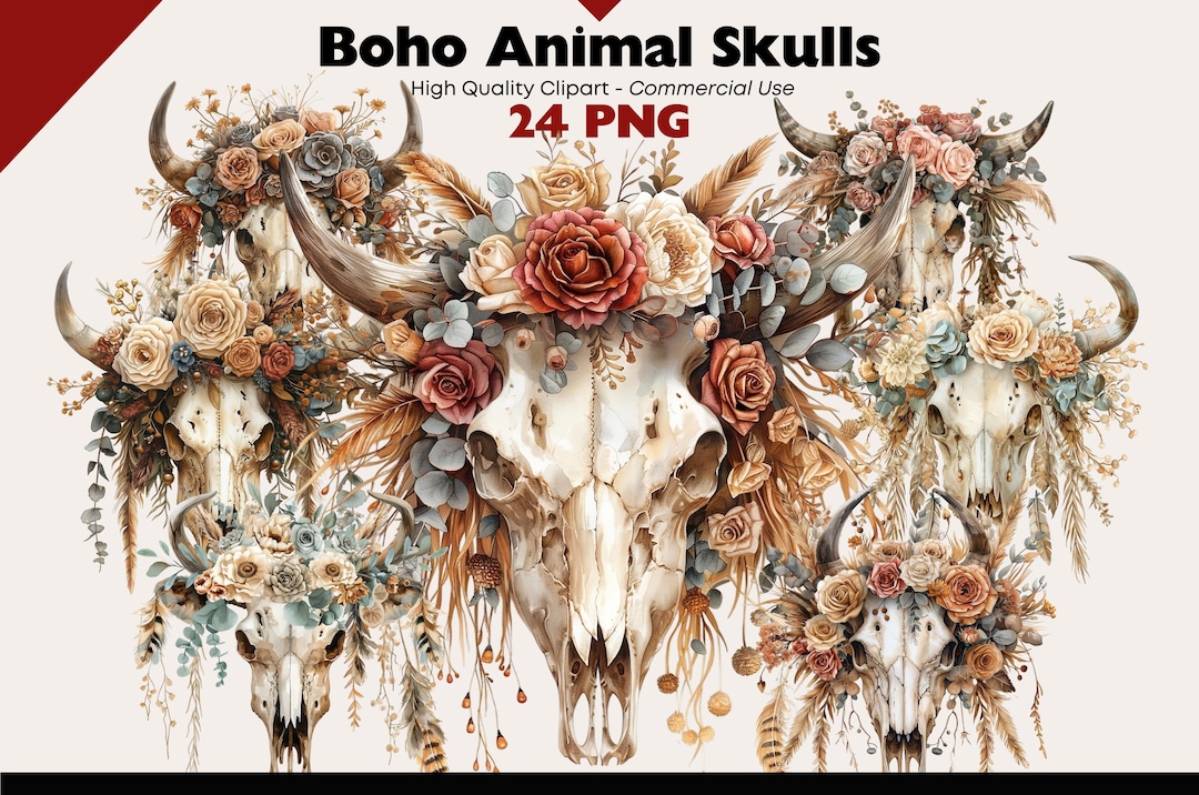 Boho Animal Skull Clipart Bundle Fall Decoration Watercolor Cow Skull ...