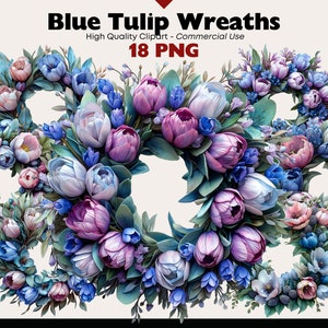 Niebieskie tulipany wieniec clipart, bukiet tulipanów PNG, wiosenne kwiaty akwarela, kompozycja kwiatowa, fioletowy wielkanocny wieniec bukiet grafika