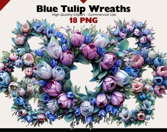 Blaue Tulpen Kranz Clipart Bundle, Tulpenstrauß PNG, Frühlingsblumen Aquarell, Blumenarrangement, Violette Osterkranz Blumenstrauß Grafiken