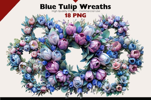 Blue Tulips Wreath Clipart Bundle, Tulip Bouquet PNG, Spring Flowers Watercolor, Floral Arrangement, Violet Easter Wreath Bouquet Graphics