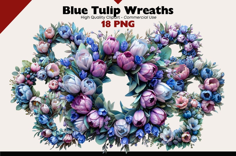 K&ouml;nnte beinhalten: Ein Set aus drei blauen und violetten Tulpenkr&auml;nzen. Die Kr&auml;nze bestehen aus k&uuml;nstlichen Blumen und Gr&uuml;npflanzen. Die Kr&auml;nze sind perfekt, um Ihrem Zuhause einen Hauch von Fr&uuml;hling zu verleihen.