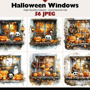 May include: Watercolour illustrations of Halloween-themed windows. Each window features pumpkins, skulls, and other spooky decorations. The text "Halloween Windows" and "56 JPEG" are visible. The windows are decorated with garlands, lanterns, and autumn foliage.