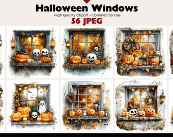 Halloween Window Clipart JPEG Spooky Window Scene Illustrations, Printable Pumpkin Ghost Skeleton Art, Autumn Halloween Decor JPEG Bundle