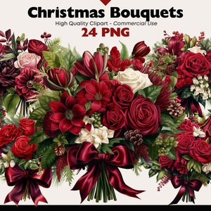Bundle de cliparts bouquet de Noël, roses rouges PNG, Images de fleurs de Noël, bouquet rouge PNG, arrangement floral graphique, pivoines de vacances PNG