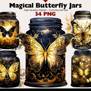 Bundle magique de cliparts en pot de papillons, aquarelle de papillons or et noirs, bocal vintage floral PNG, autocollants numériques fantaisistes, scrapbooking