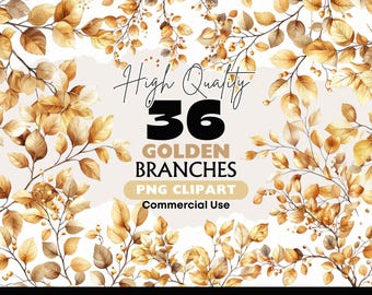 Golden Branches PNG Clipart, Gold Botanical Leaves, Elegant Foliage PNG Set, Wedding Greenery Clipart, Printable Scrapbooking PNG
